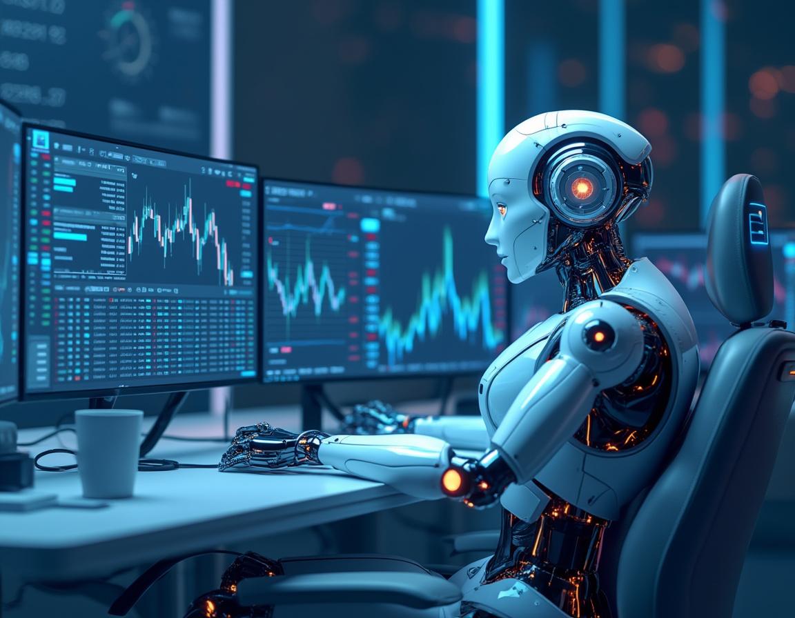 A hyper-realistic AI trading bot at a workstation, analyzing market data across multiple screens.