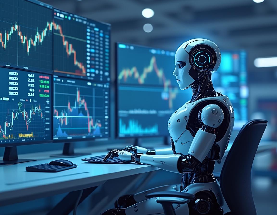 A hyper-realistic AI trading bot seated at a workstation, analyzing market data on multiple screens.