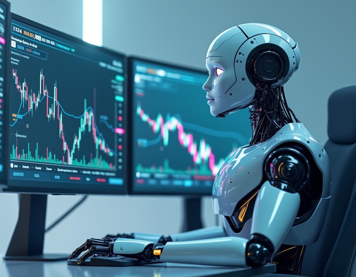 A humanoid AI trading bot at a high-tech workstation analyzes market data on multiple screens.