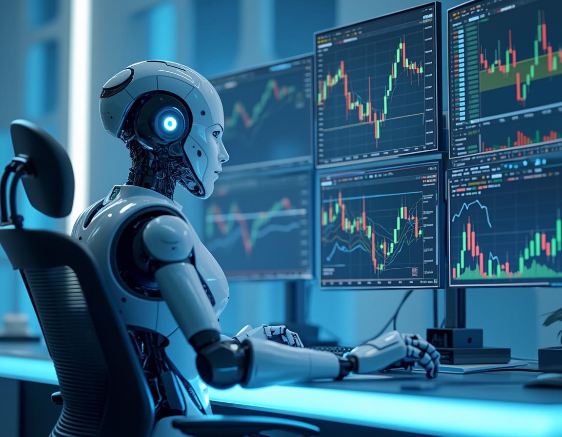 A hyper-realistic AI trading bot at a workstation analyzing market data on multiple screens in a futuristic setting.