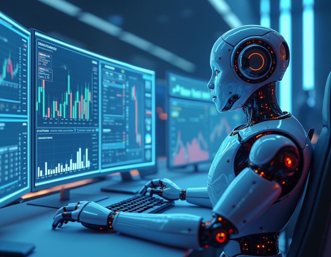 A sleek humanoid AI trading bot at a workstation analyzing market data across multiple screens.