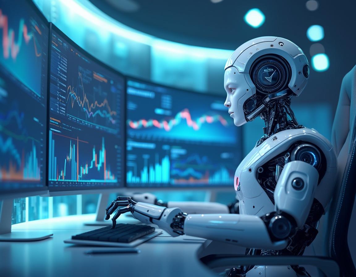 A humanoid AI trading bot at a high-tech workstation analyzing market data with multiple screens.