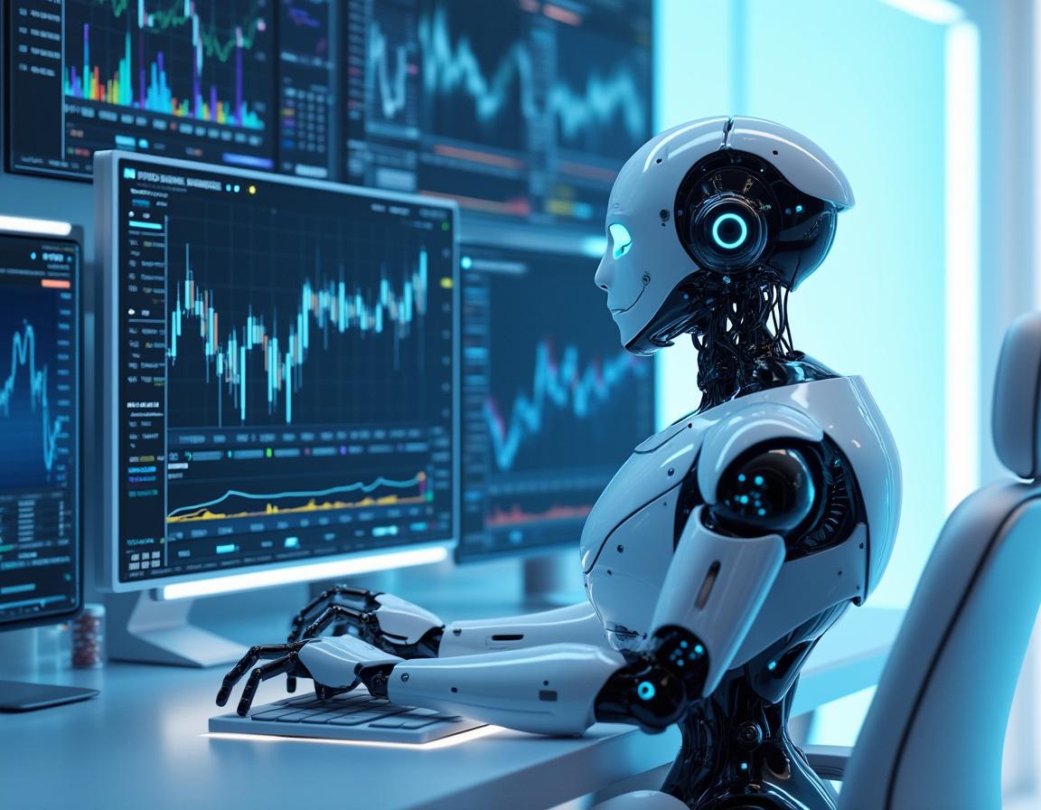 A humanoid AI trading bot analyzes market data at a high-tech workstation with glowing screens.