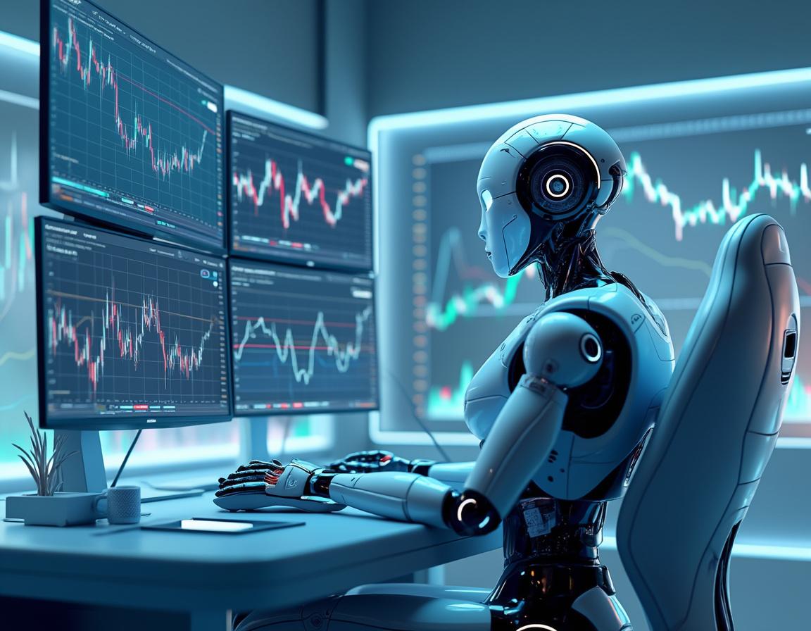 A humanoid AI trading bot at a workstation analyzing market data on multiple screens with charts.