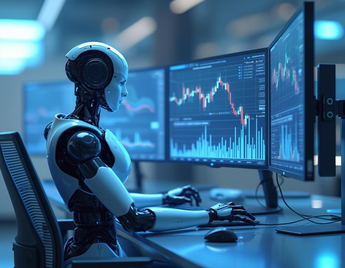 A humanoid AI trading bot analyzes market data at a high-tech workstation with multiple screens.