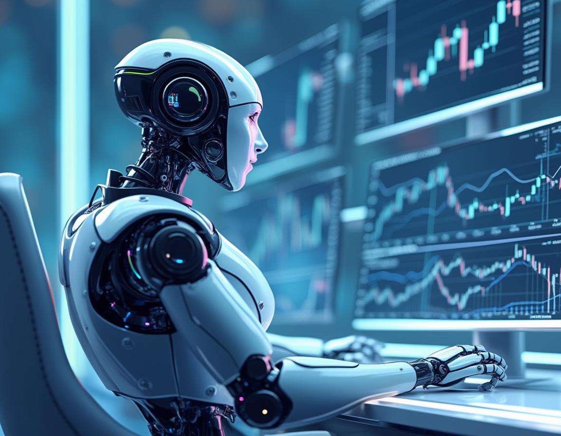 A hyper-realistic 3D AI trading bot analyzing market data in a high-tech trading environment.