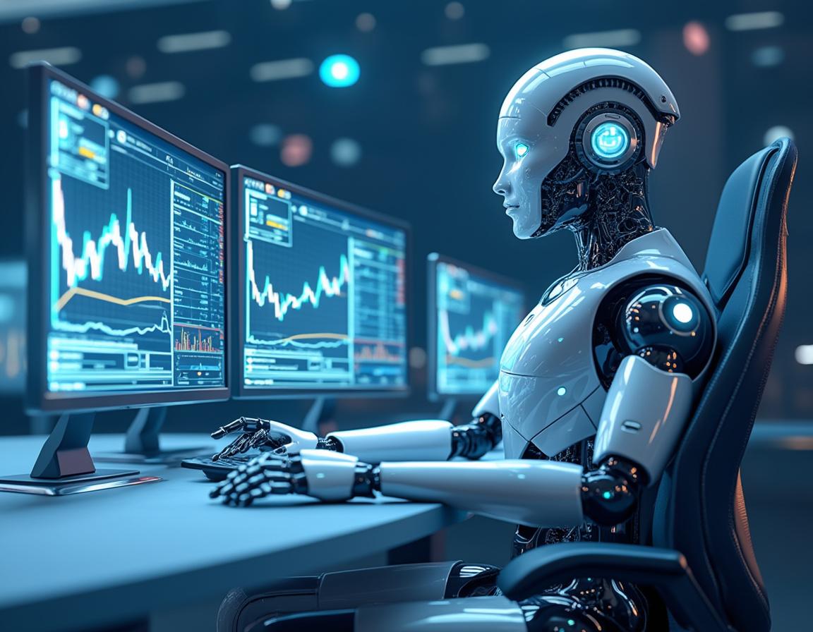 A hyper-realistic AI trading bot in a sleek workstation analyzing stock and crypto market data.