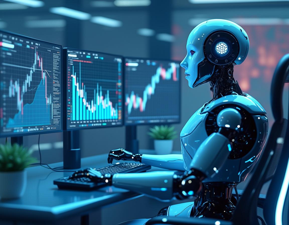 A humanoid AI trading bot at a high-tech workstation analyzing market data on multiple screens.
