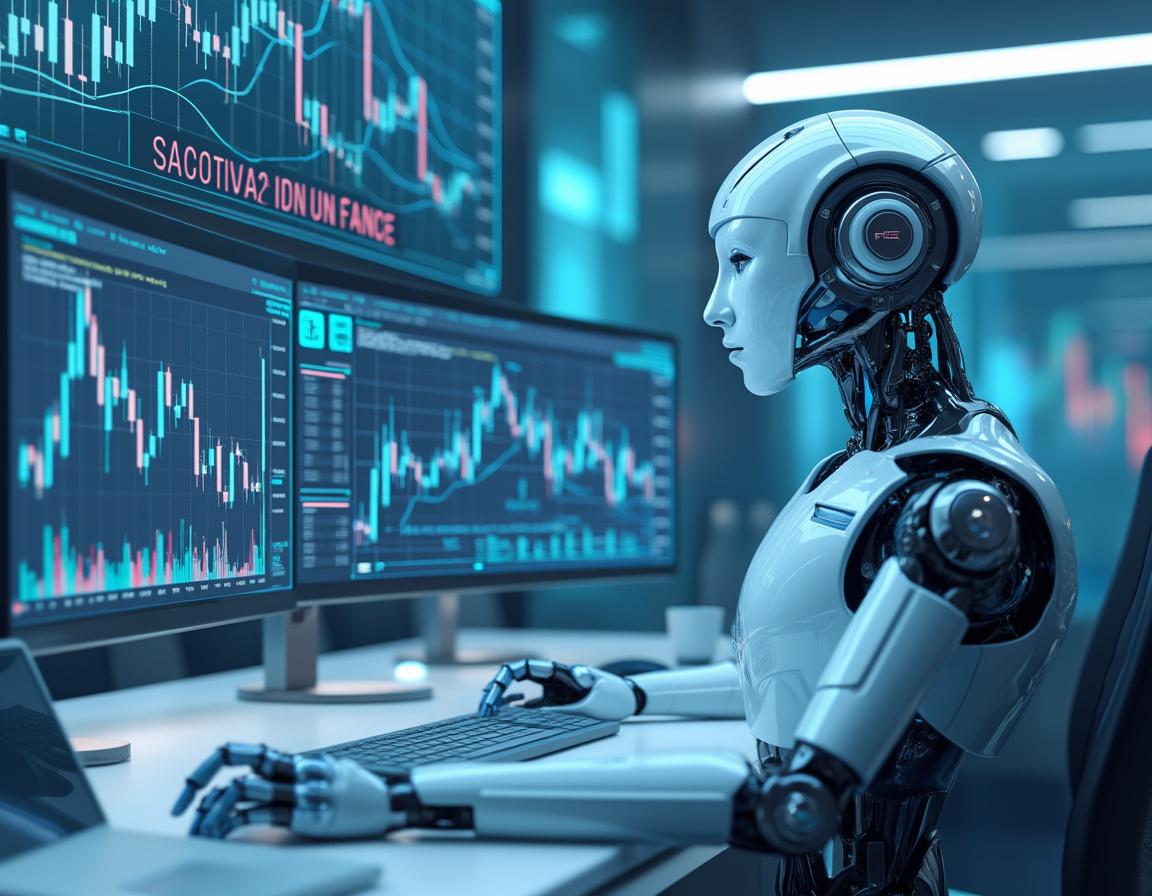 A humanoid AI trading bot analyzes market data at a futuristic workstation with multiple screens.
