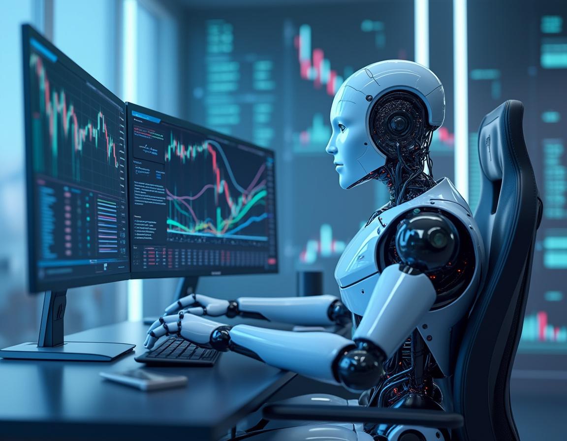 A hyper-realistic AI trading bot analyzes market data at a sleek workstation with multiple screens.