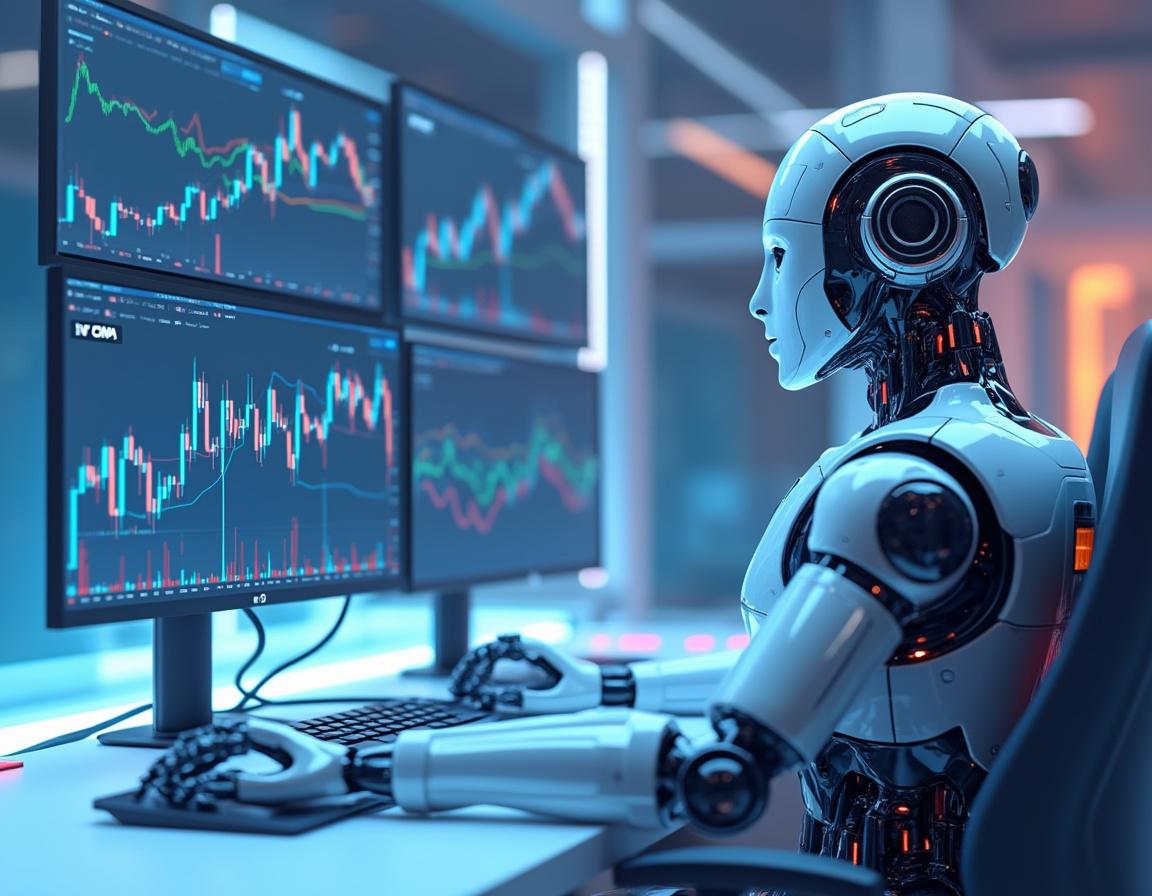 A humanoid AI trading bot at a high-tech workstation analyzes market data on multiple screens.