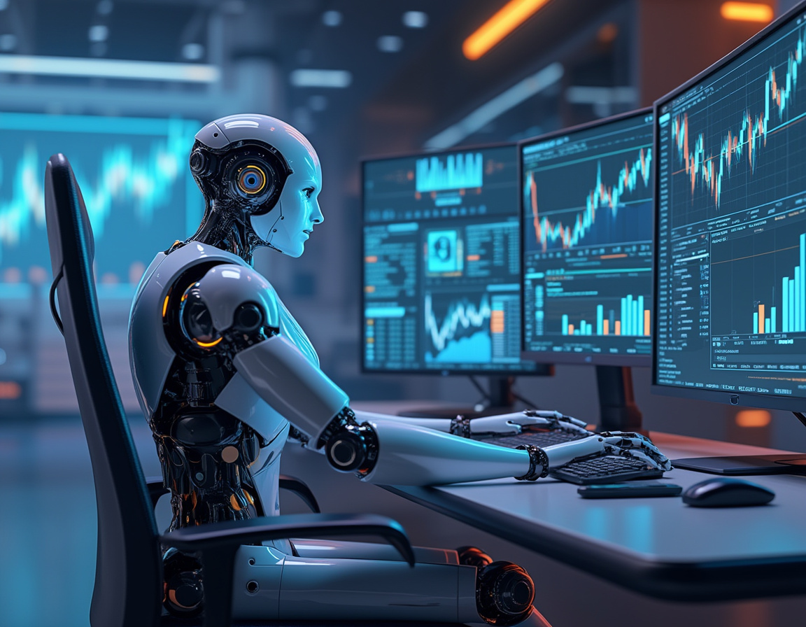 A humanoid AI trading bot at a high-tech workstation analyzes market data on multiple screens.