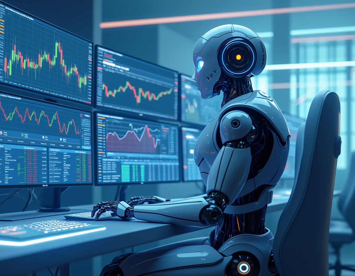 A humanoid AI trading bot at a futuristic workstation analyzing multiple screens of market data.