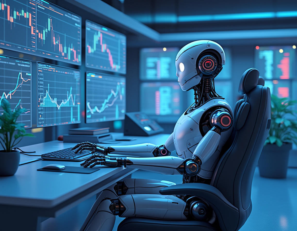 A humanoid AI trading bot at a high-tech workstation analyzes market data on multiple screens.