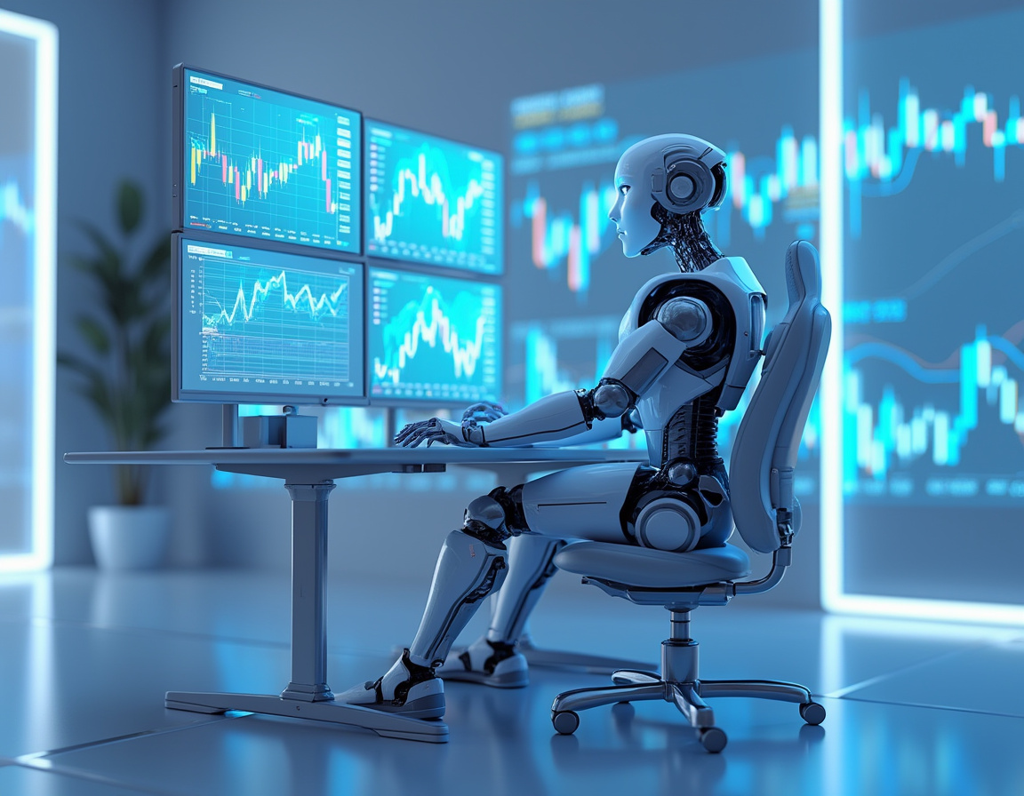 A hyper-realistic AI trading bot seated at a workstation analyzing market data on multiple screens.