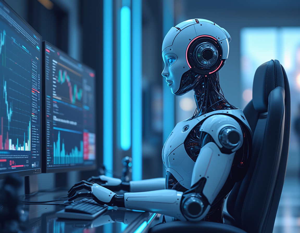 A hyper-realistic AI trading bot analyzes data in a futuristic financial environment with screens.