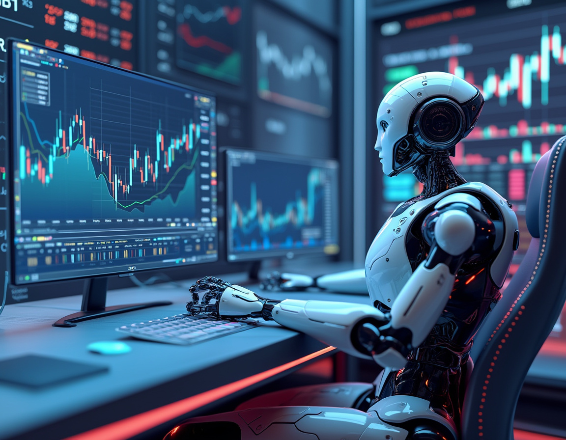 A hyper-realistic AI trading bot at a workstation, analyzing stocks and crypto on multiple screens.