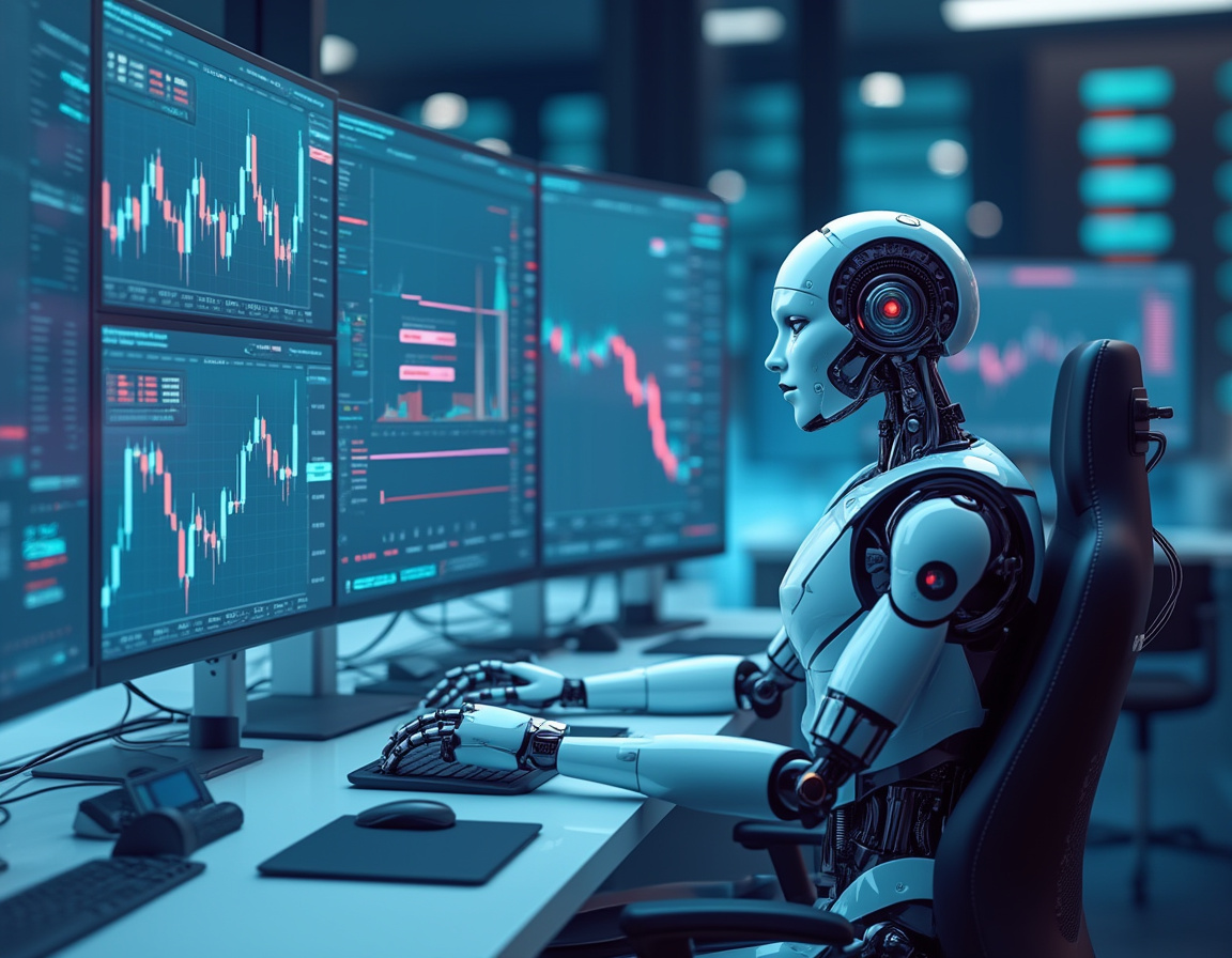 A futuristic AI trading bot at a sleek workstation analyzes market data on multiple screens.