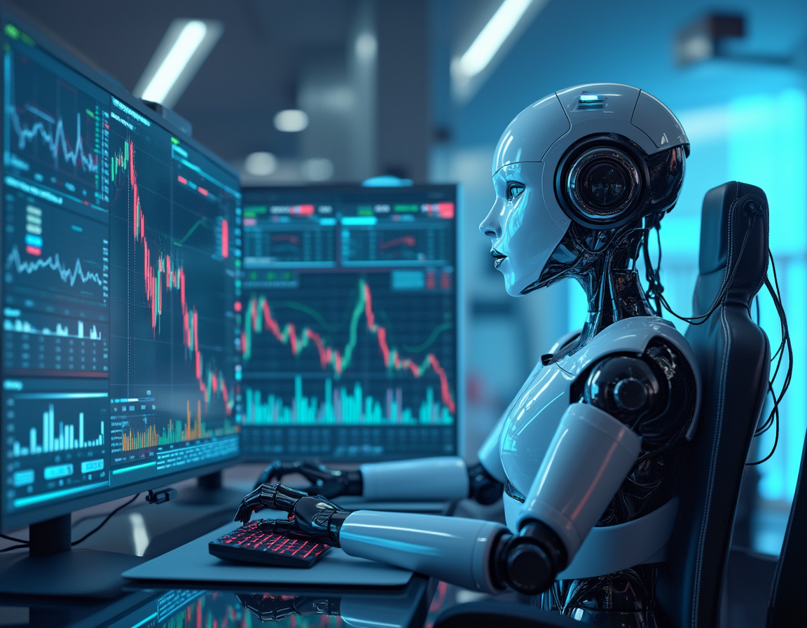 A humanoid AI trading bot at a high-tech workstation analyzing market data on multiple screens.