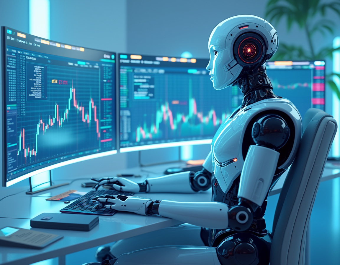 A hyper-realistic AI trading bot analyzing market data in a futuristic trading environment.