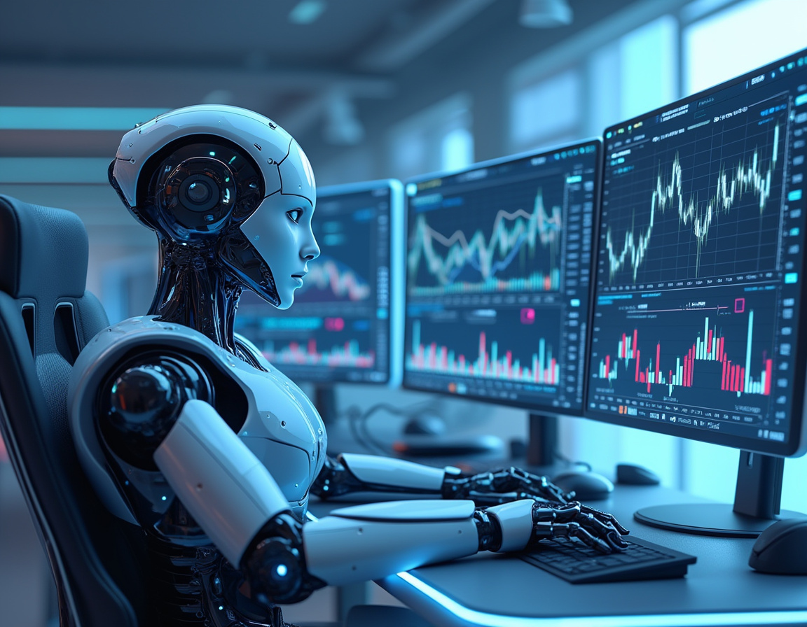 A hyper-realistic AI trading bot at a high-tech workstation analyzing stock and crypto market data.