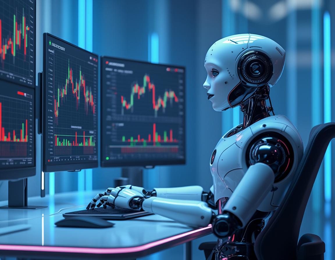 A humanoid AI trading bot at a high-tech workstation analyzes market data on multiple screens.