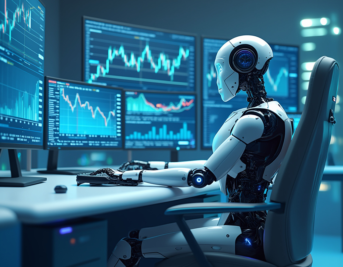 A hyper-realistic AI trading bot analyzes market data on multiple screens in a futuristic setting.