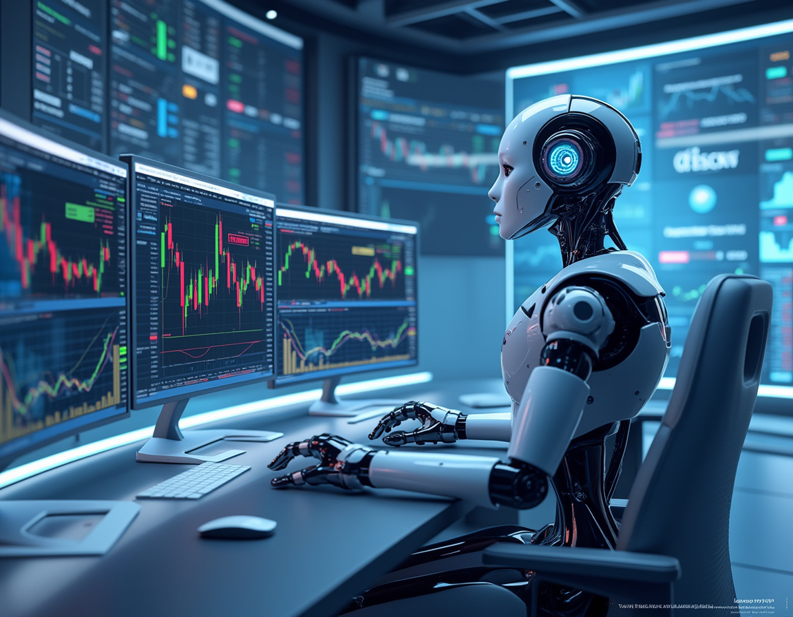 A hyper-realistic AI trading bot at a high-tech workstation, analyzing data on multiple screens.
