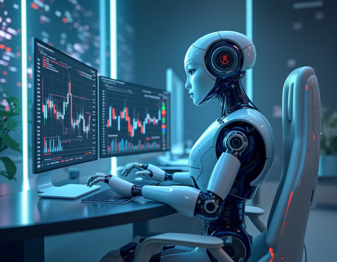 A humanoid AI trading bot at a high-tech workstation analyzing market data on multiple screens.