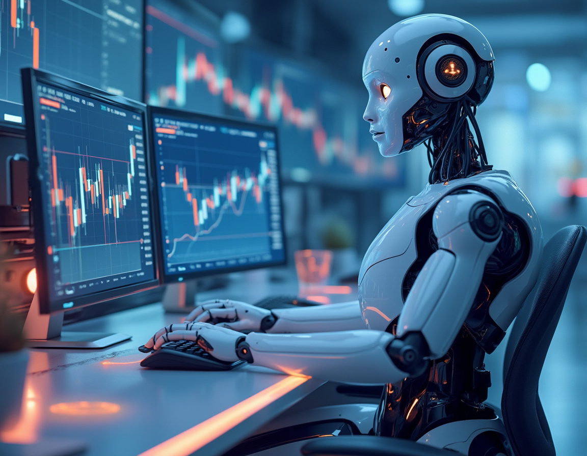 A hyper-realistic AI trading bot analyzes market data on multiple screens in a futuristic workspace.