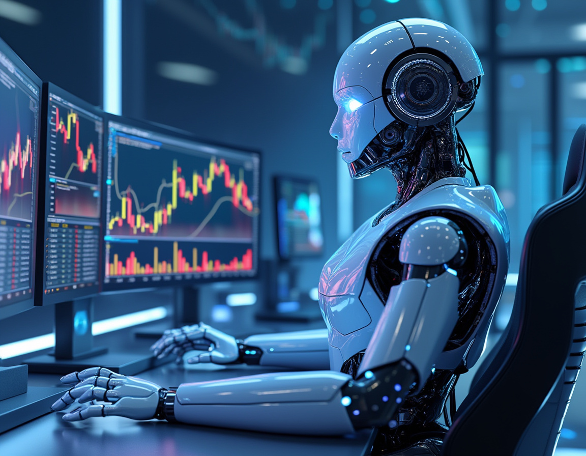 A hyper-realistic AI trading bot at a high-tech workstation conducting market analysis and trades.