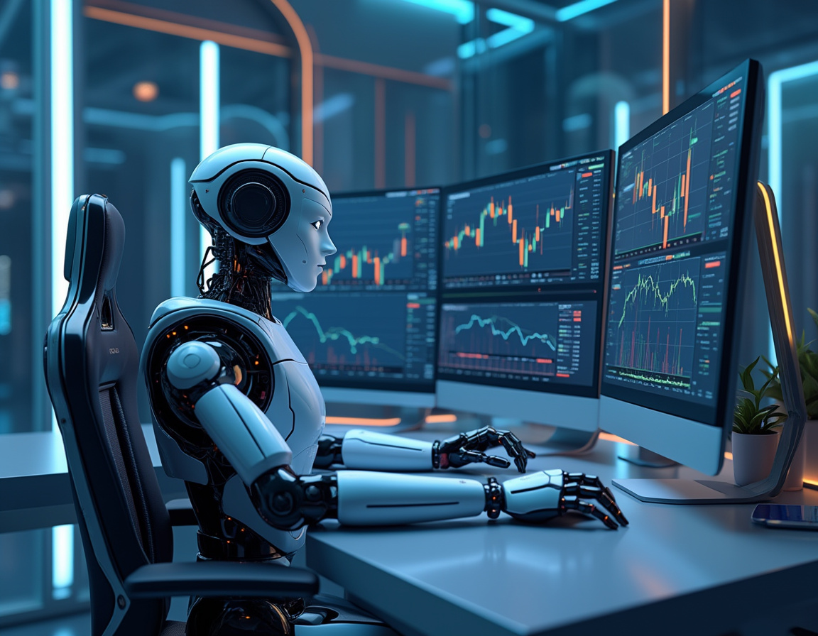 A hyper-realistic AI trading bot at a high-tech workstation, analyzing crypto and stock market data.