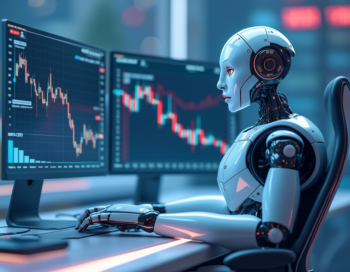 A hyper-realistic AI trading bot at a high-tech workstation analyzing stock and crypto market data.