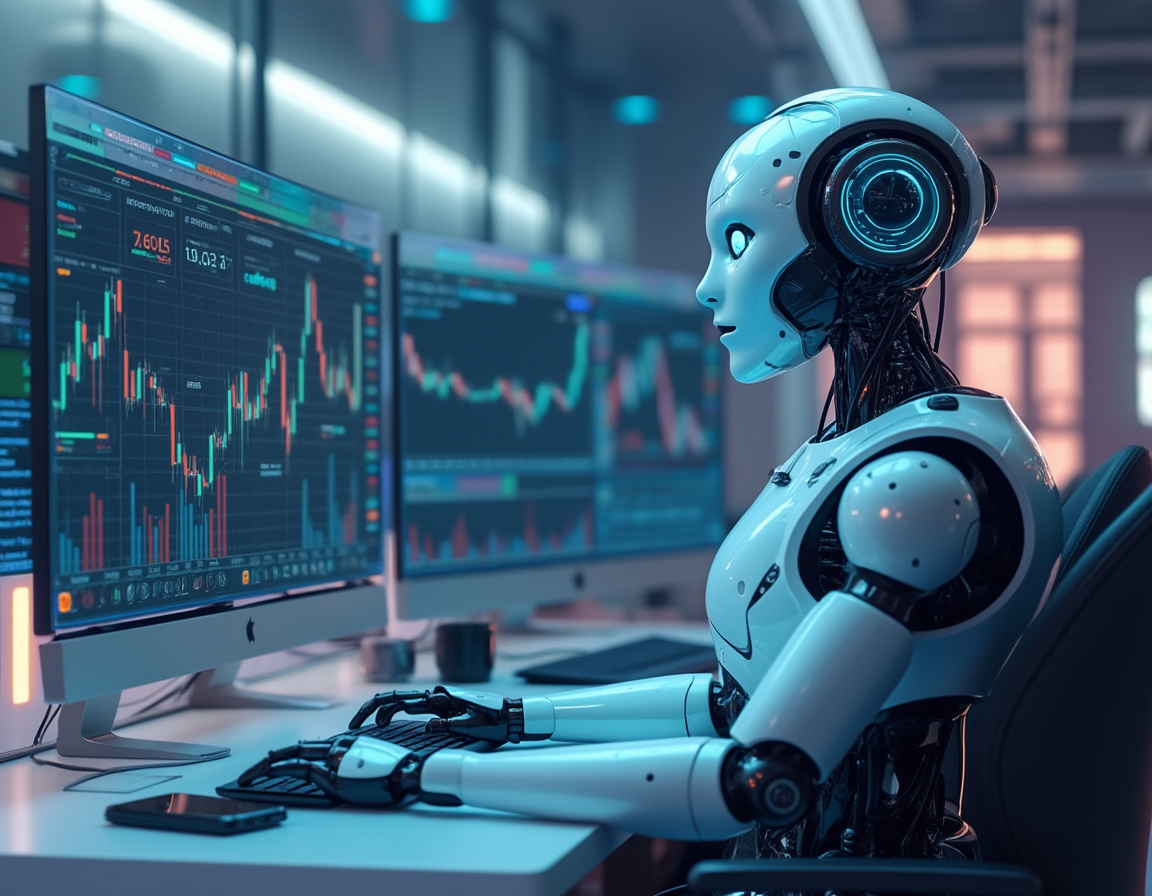 A hyper-realistic AI trading bot at a high-tech workstation, analyzing data across multiple screens.