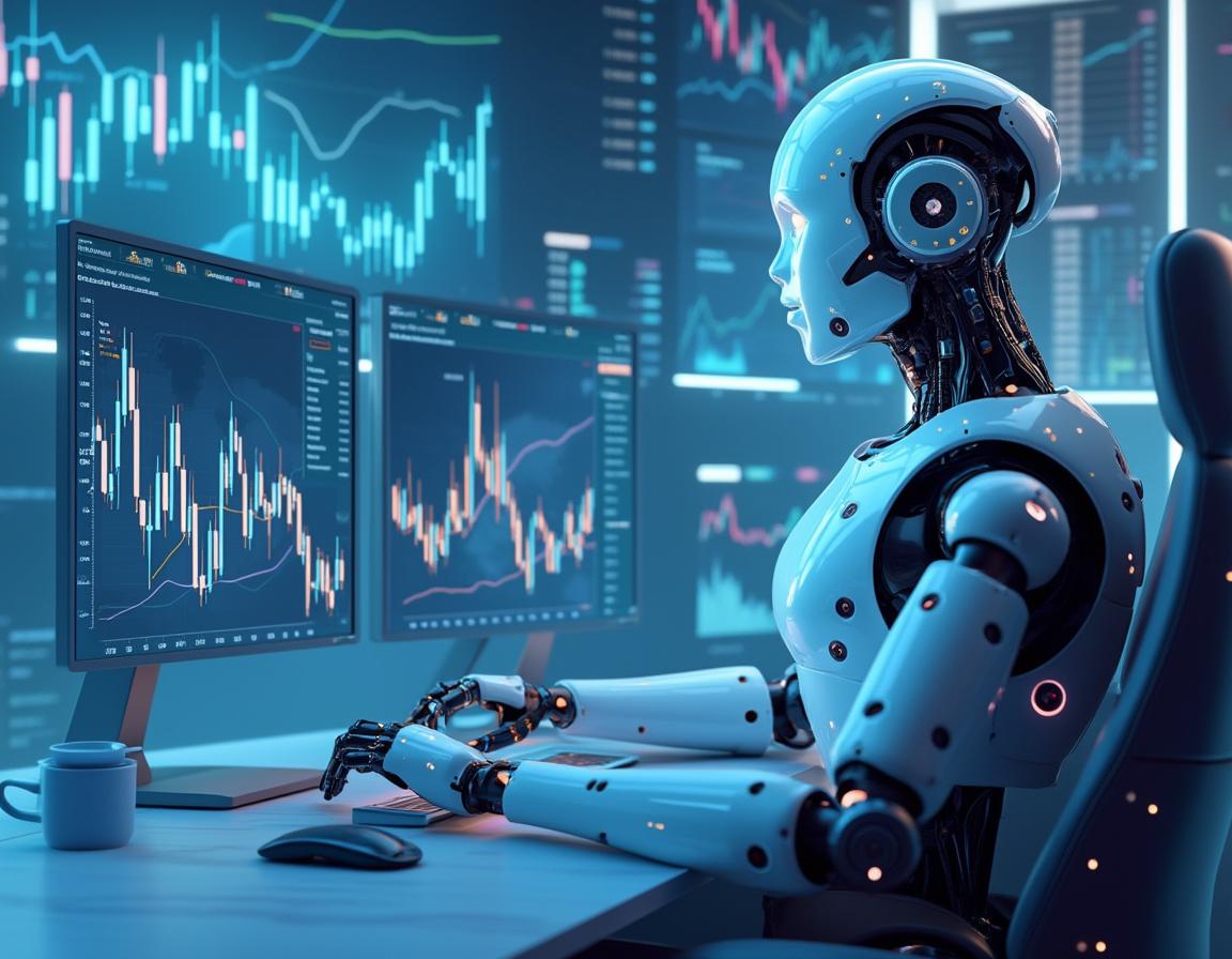 A hyper-realistic AI trading bot at a sleek workstation analyzes market data amid glowing screens.