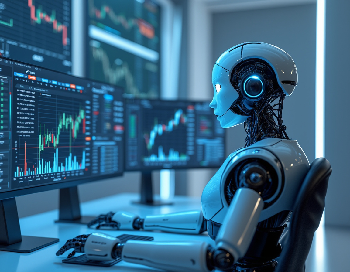 A hyper-realistic AI trading bot at a high-tech workstation analyzing stock and crypto market data.