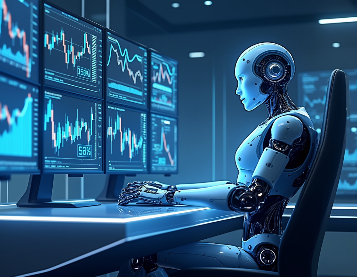 A hyper-realistic AI trading bot at a workstation, analyzing market data on multiple screens.