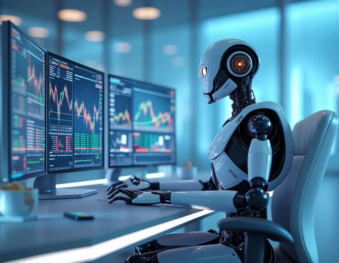 A hyper-realistic AI trading bot analyzes market data at a sleek workstation with multiple screens.
