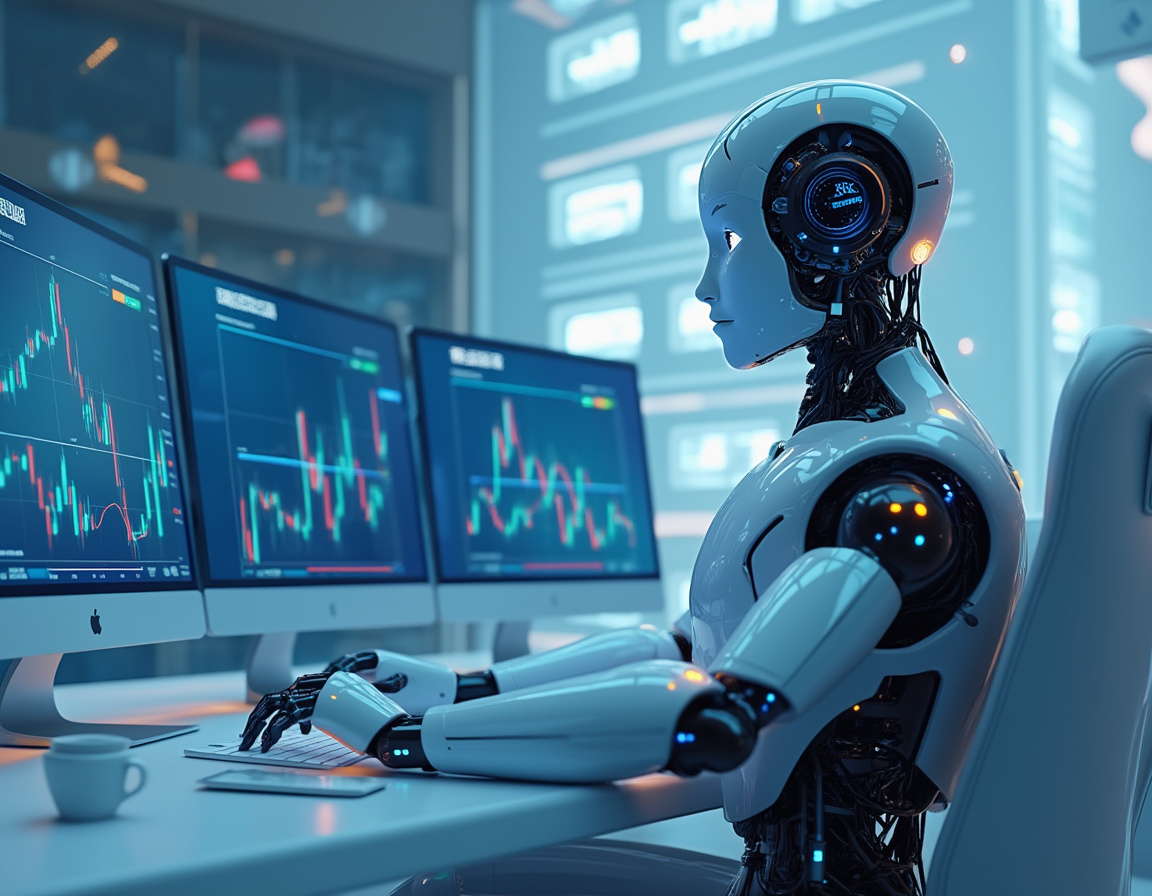 A humanoid AI trading bot in a high-tech workspace analyzes market data on multiple glowing screens.