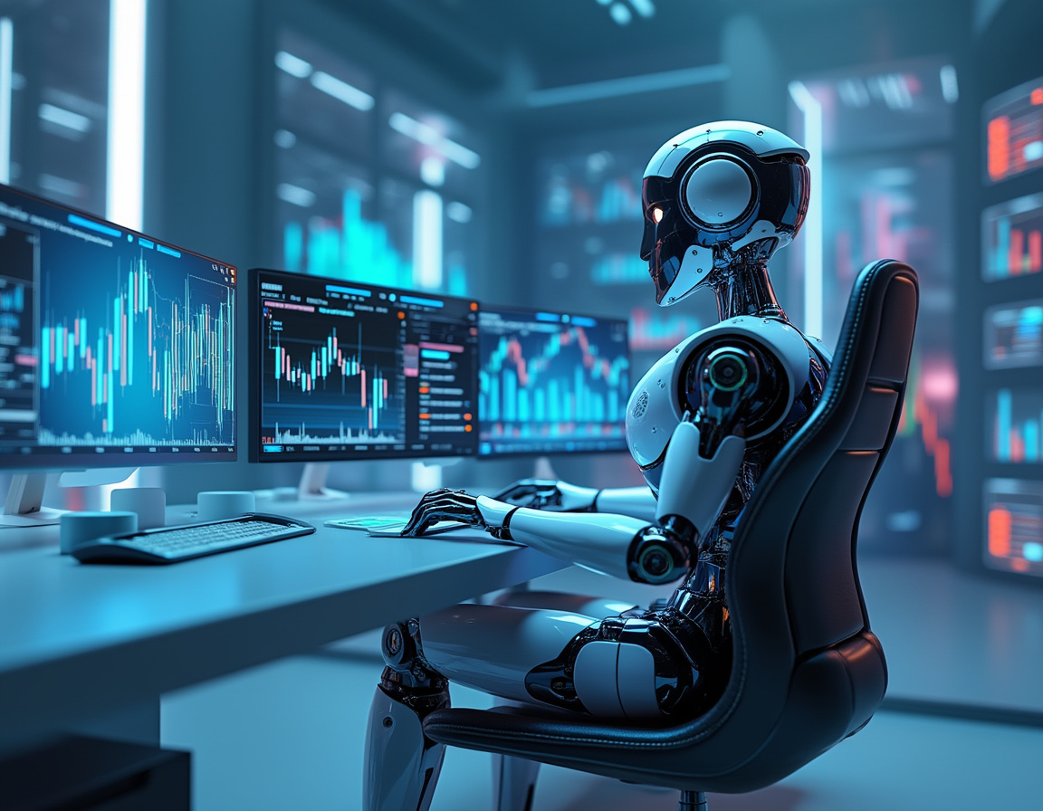 A hyper-realistic AI trading bot at a high-tech workstation analyzing stock and crypto market data.