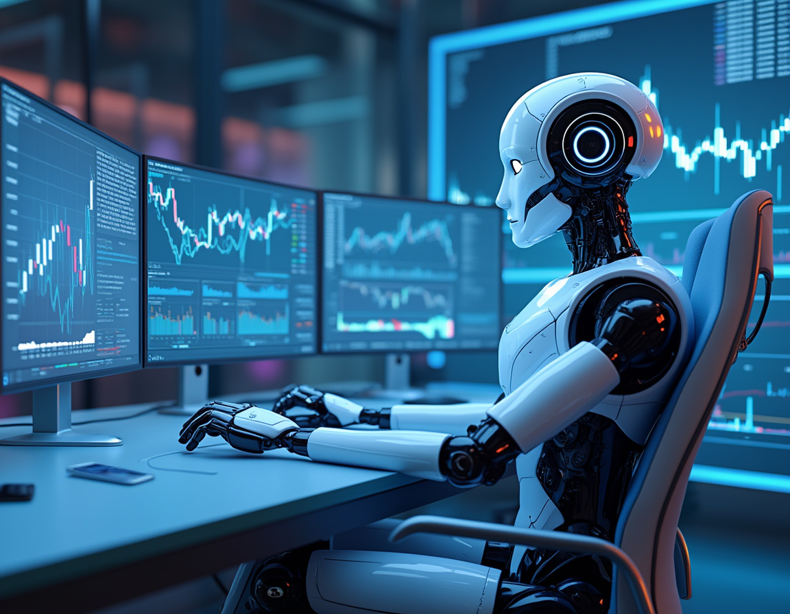 A hyper-realistic AI trading bot analyzes market data at a sleek workstation with multiple screens.