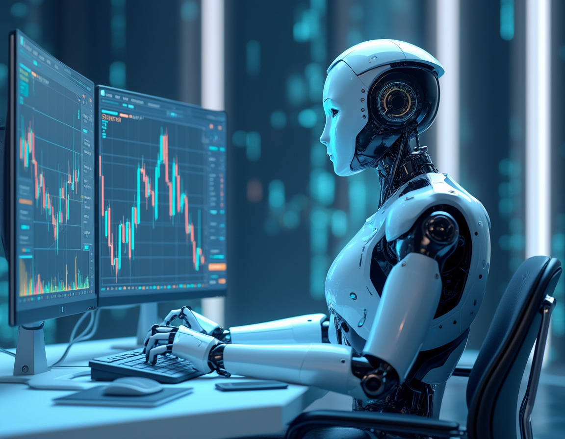 A hyper-realistic AI trading bot analyzing market data at a high-tech workstation amidst screens.
