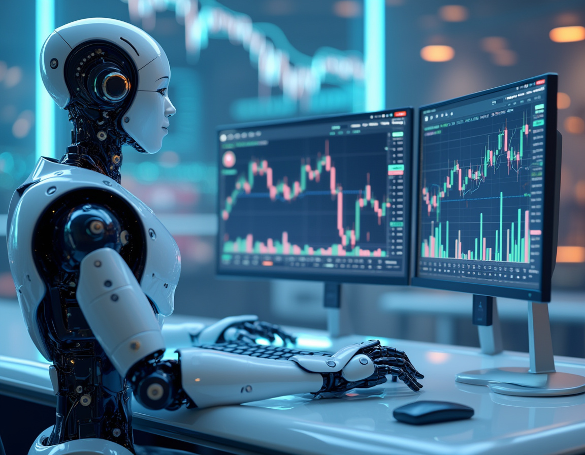 A humanoid AI trading bot analyzes market data in a high-tech workstation with multiple screens.