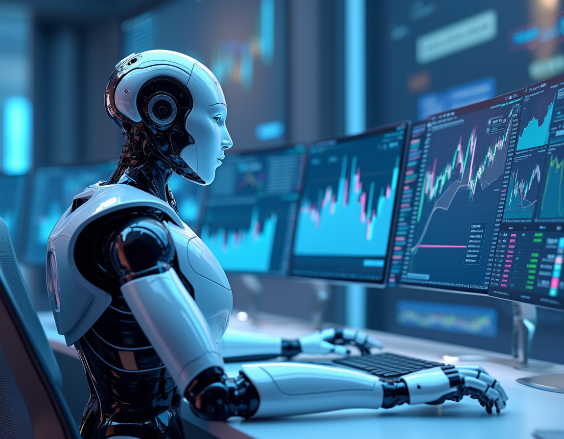 A detailed, hyper-realistic AI trading bot analyzes market data in a futuristic financial setting.