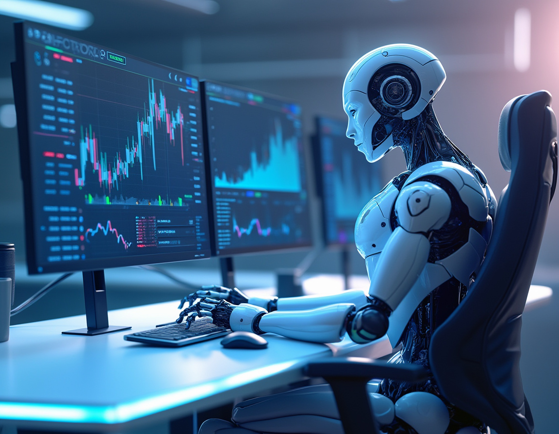 A humanoid AI trading bot at a high-tech workstation analyzing market data on multiple screens.