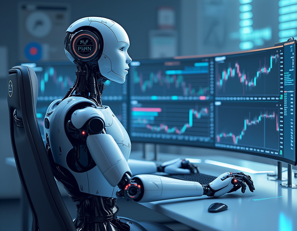 A hyper-realistic AI trading bot in a high-tech environment analyzing crypto and stock market data.