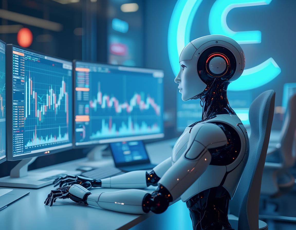 Hyper-realistic AI trading bot at high-tech workstation, analyzing market data on multiple screens.