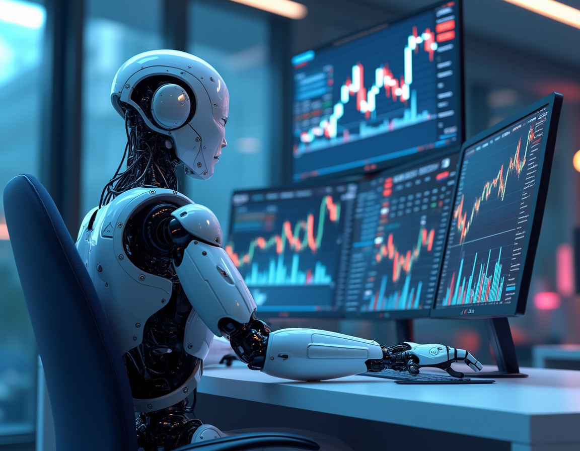 A humanoid AI trading bot in a high-tech environment analyzing market data on multiple screens.