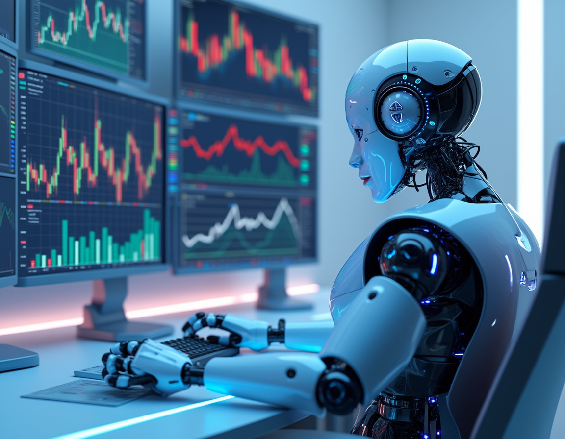 A hyper-realistic AI trading bot in a futuristic financial space analyzing data on multiple screens.