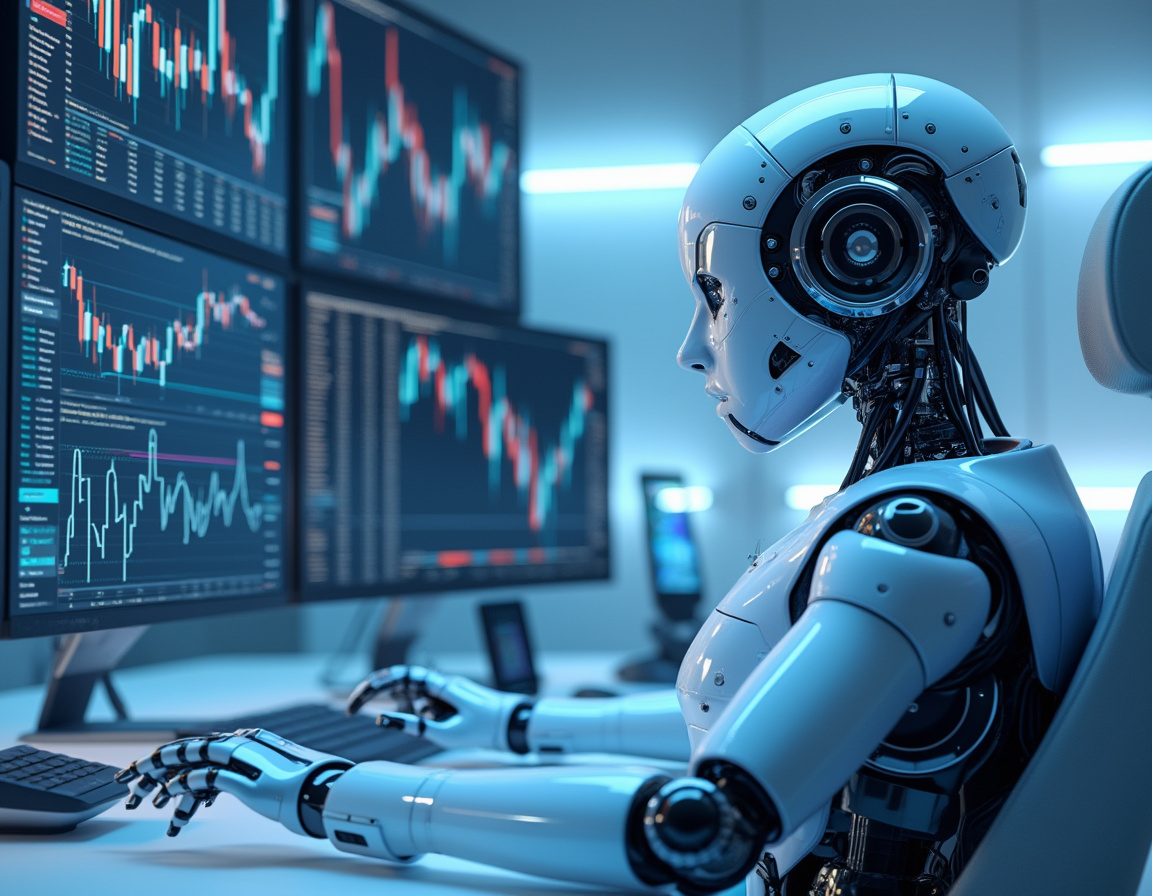 A humanoid AI trading bot analyzes market data at a high-tech workstation surrounded by screens.